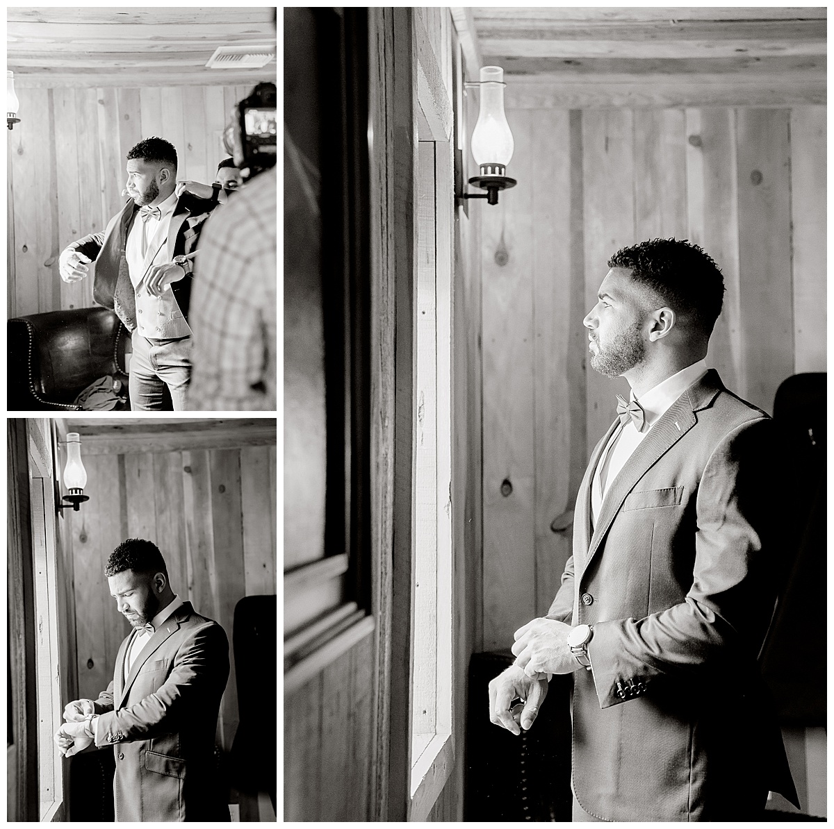 groom getting ready in wedding venue with barns